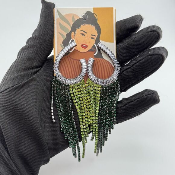 Glam Green & Black Crystal Fringe Earrings — Luxe Statement Jewelry - Picture 7 of 11